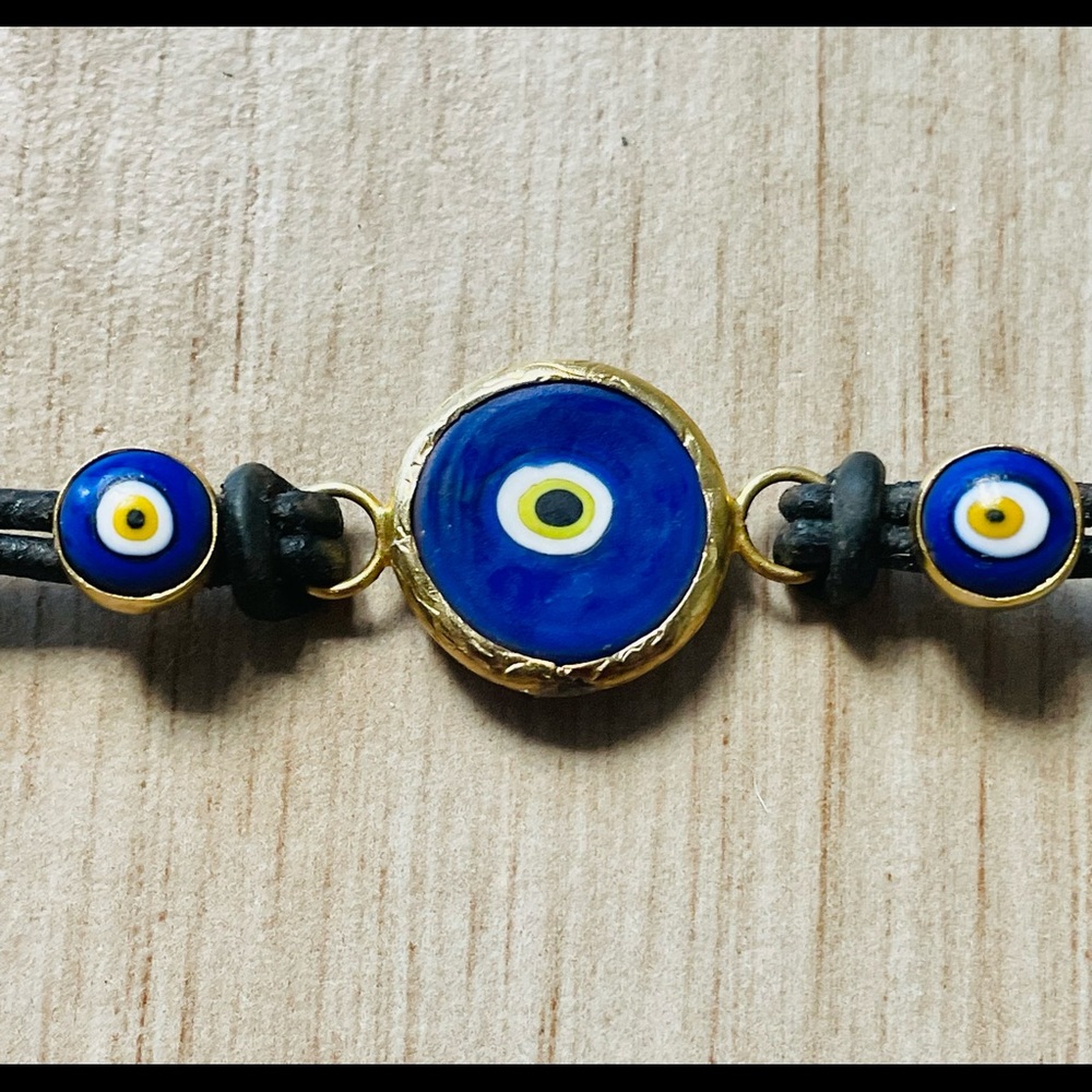 14K EVIL EYE BRACELET on Leather Cord
